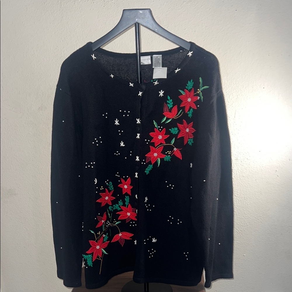 Erika Black Cardigan with Red and Green Floral Embroidery